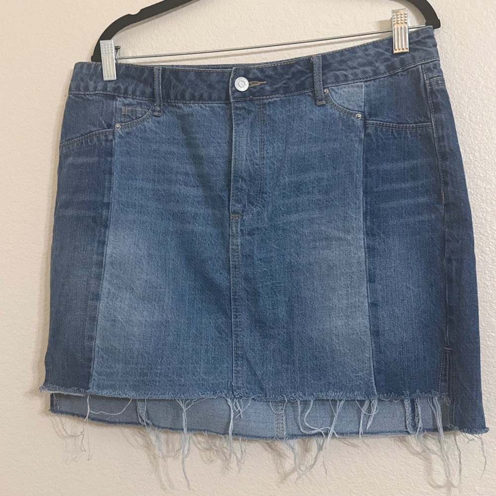 Gianni Bini Denim Patchwork Raw Hem Colorblock Mini Skirt Womens 14 Blue